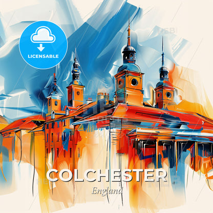 Vibrant Colchester, England - A Painting Of A Building With Towers - Square format print template