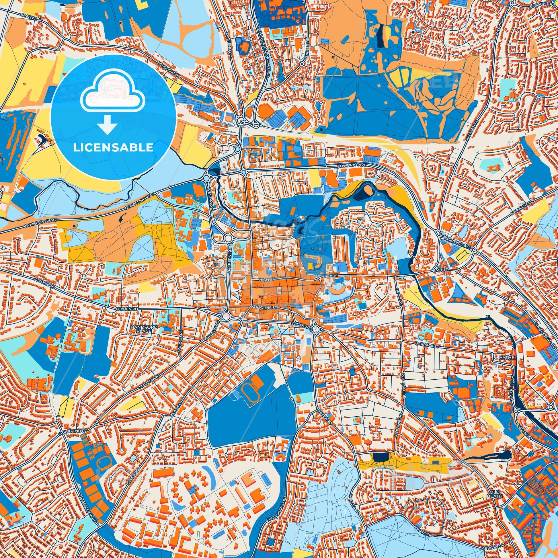 Colorful Colchester Street Map with Labels and Buildings