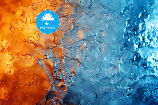 Abstract art, blue and orange, vibrant painting, colorful drops, water drops, glass surface, contemporary artwork