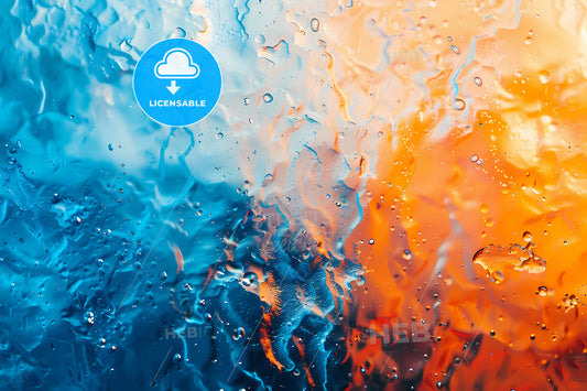 Abstract Liquid Artwork: Vibrant Blue and Orange Water Drops on Glass Surface