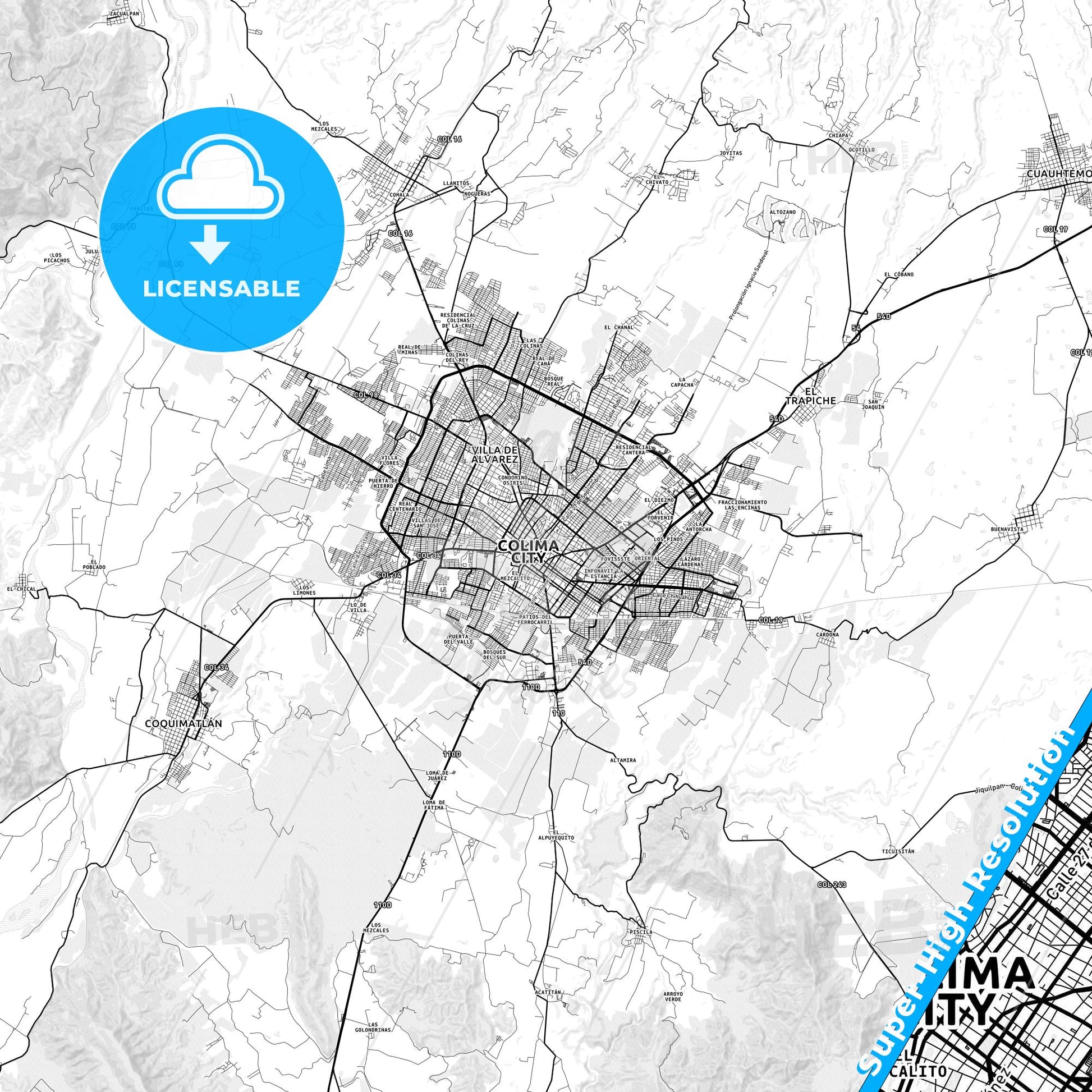 Colima, Mexico light map with streetnames, citynames and districts