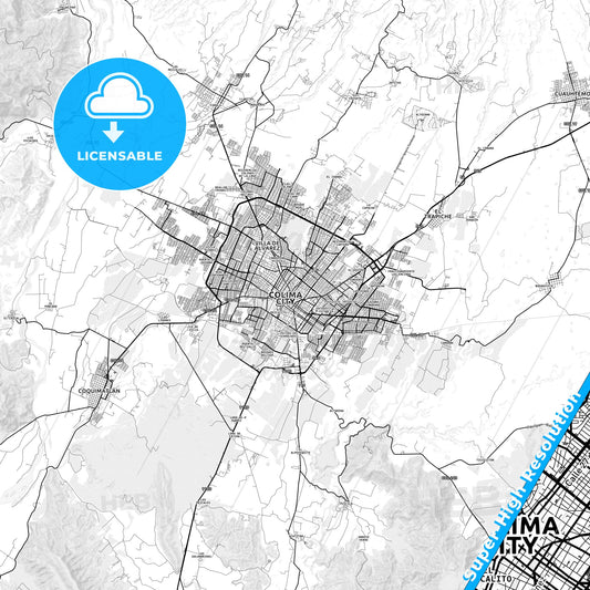 Colima, Mexico light map with streetnames, citynames and districts