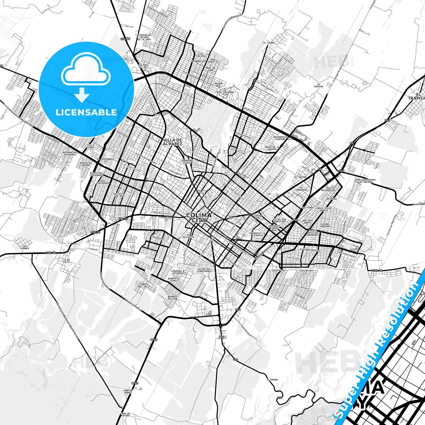 Colima, Mexico Light Map with Street Names, City Names, and Districts