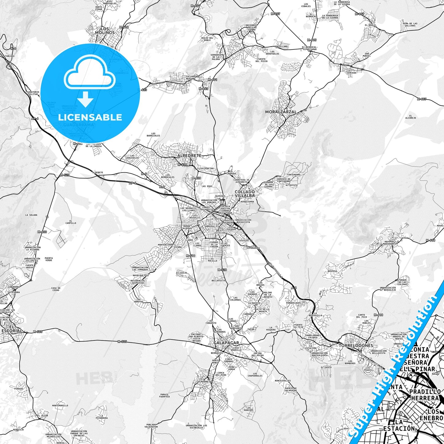 Collado-Villalba, Spain light map with streetnames, citynames and districts