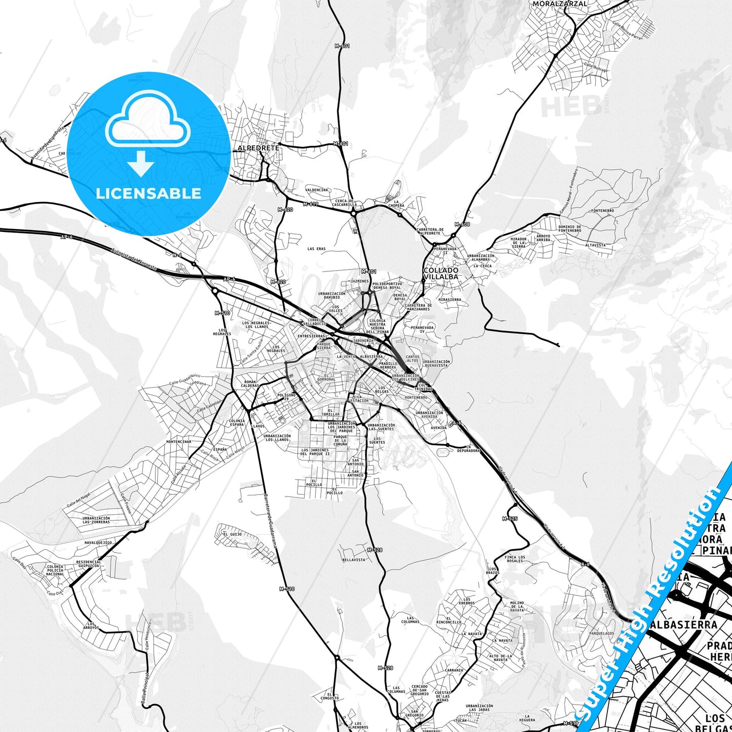 Collado-Villalba, Spain Light Map with Street Names, City Names, and Districts