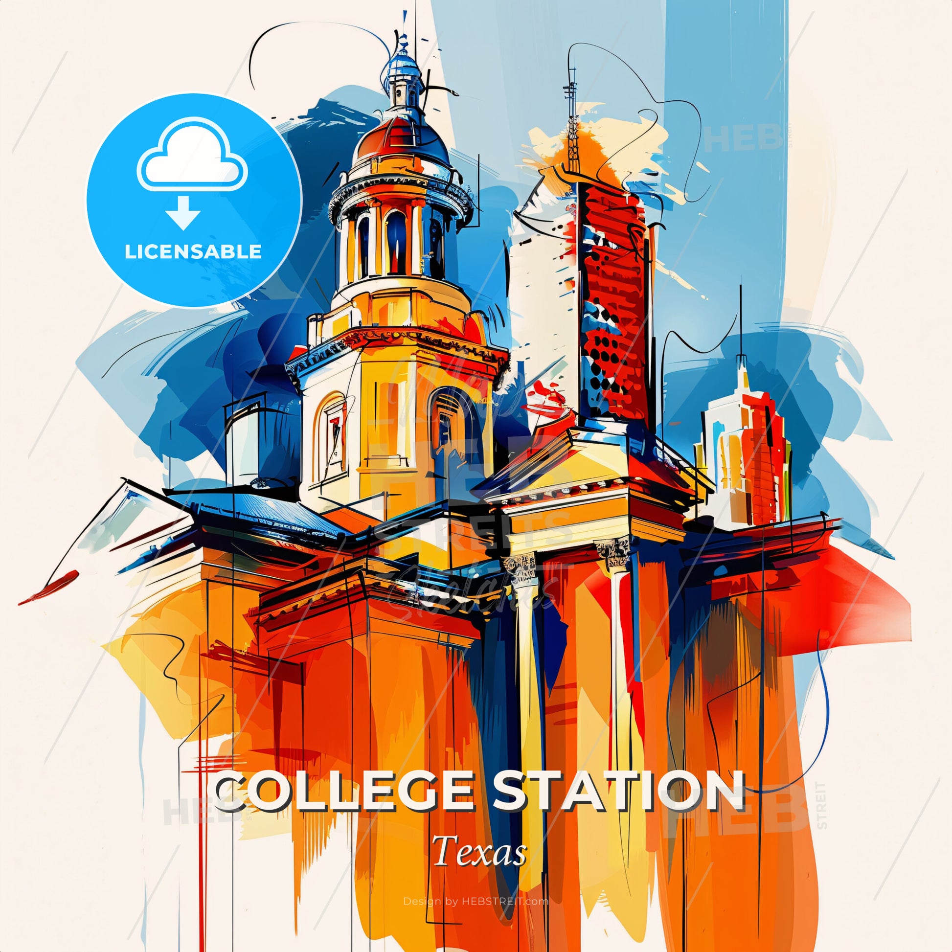 Vibrant College Station, Texas - A Colorful Drawing Of A Building - Square format print template