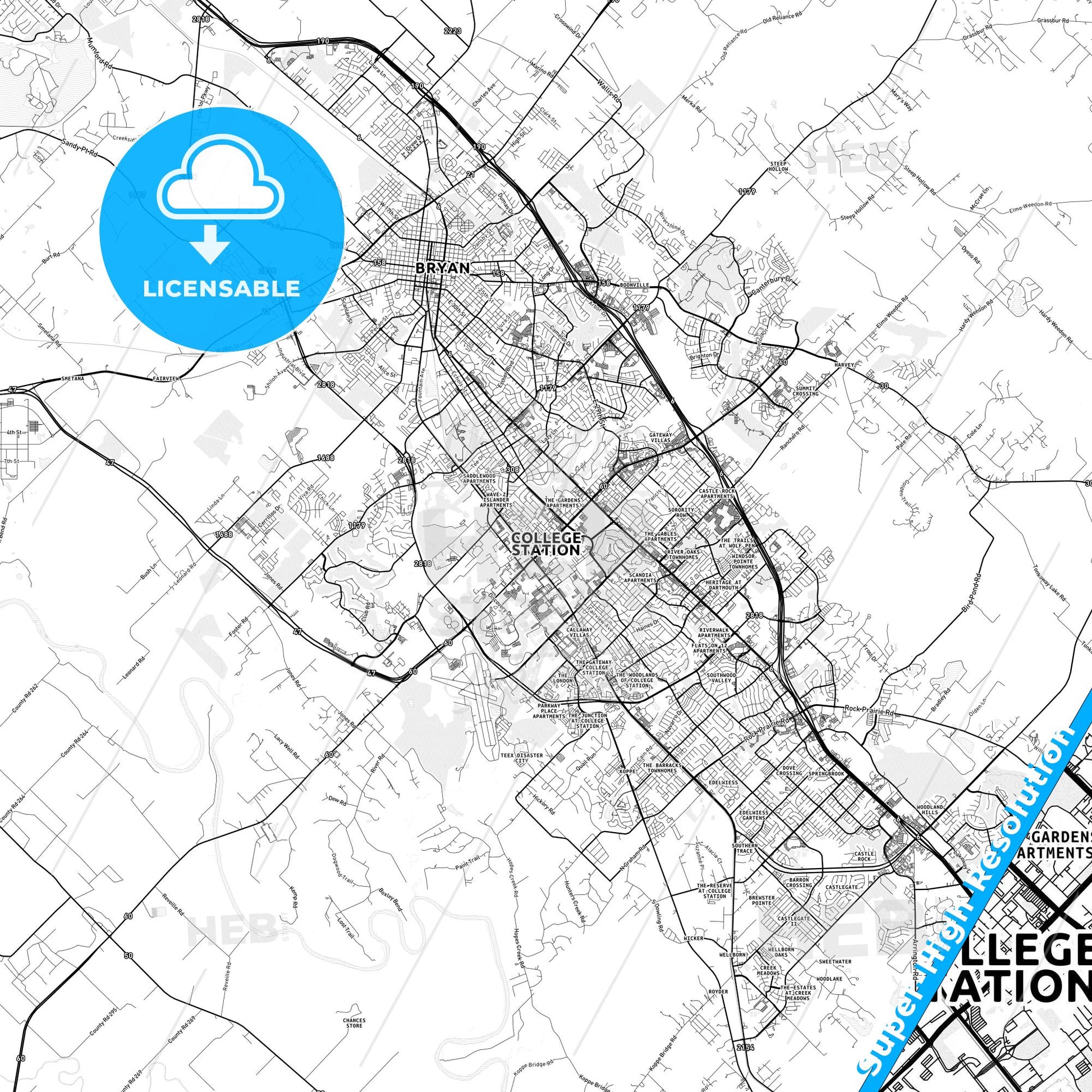 College Station, Texas light map with streetnames, citynames and districts