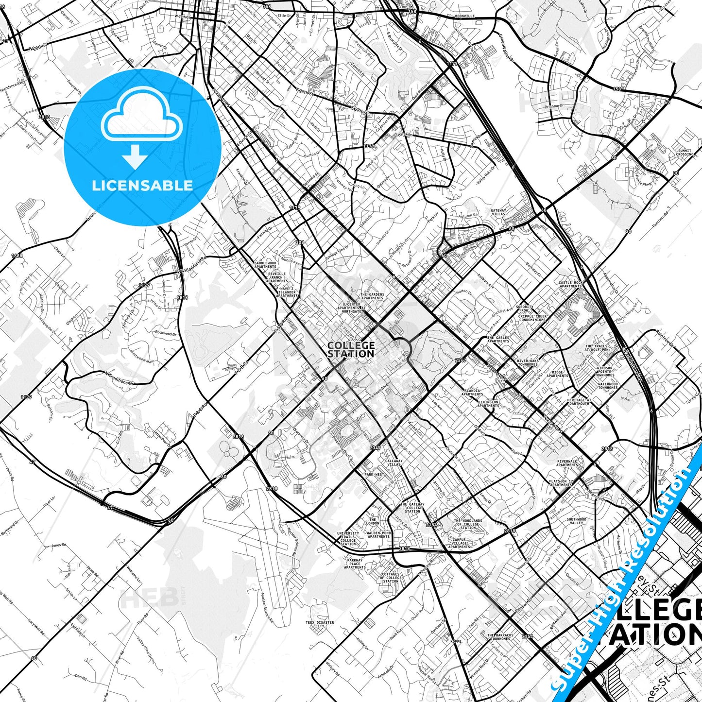 College Station, Texas Light Map with Street Names, City Names, and Districts