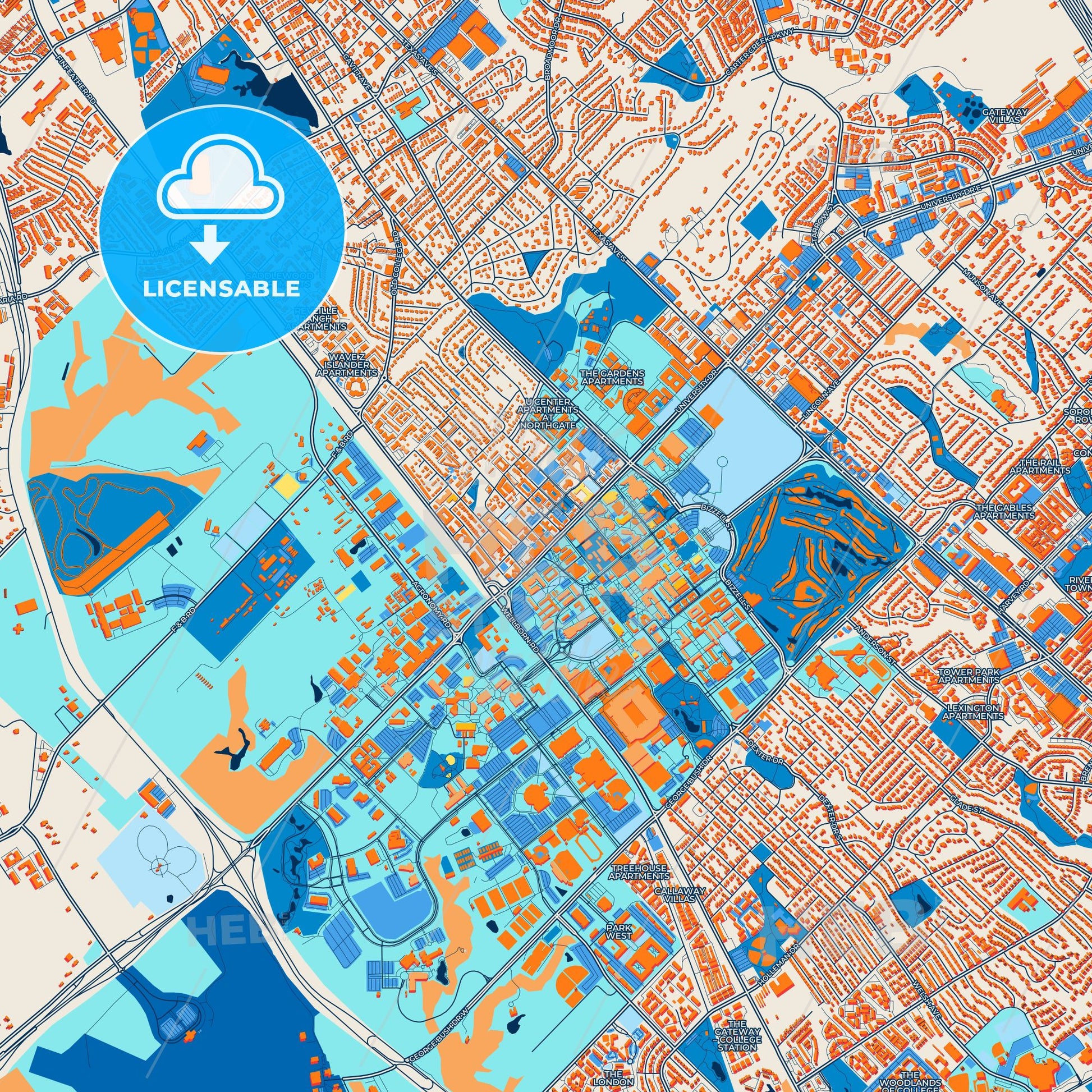 Colorful College Station Street Map with Labels and Buildings