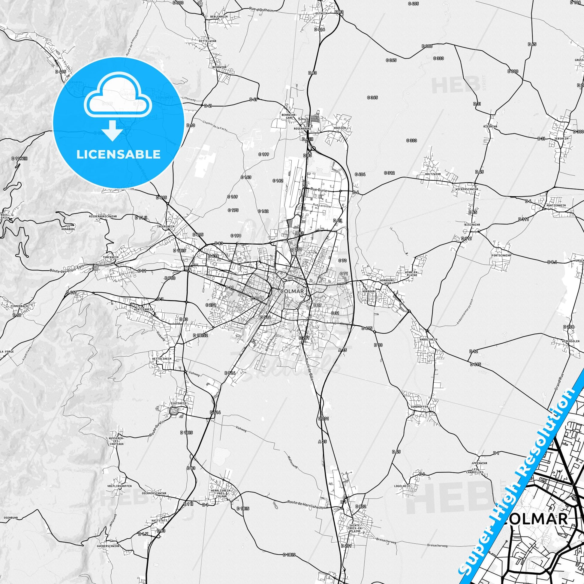 Colmar, France light map with streetnames, citynames and districts