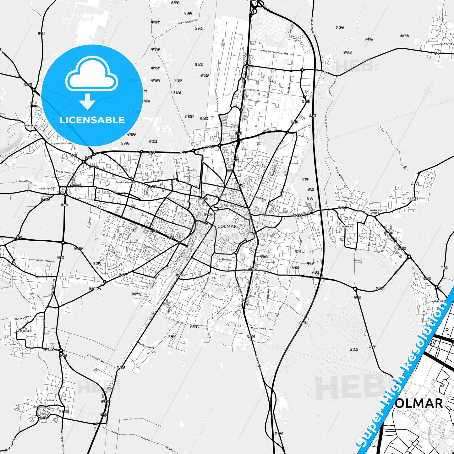 Colmar, France Light Map with Street Names, City Names, and Districts