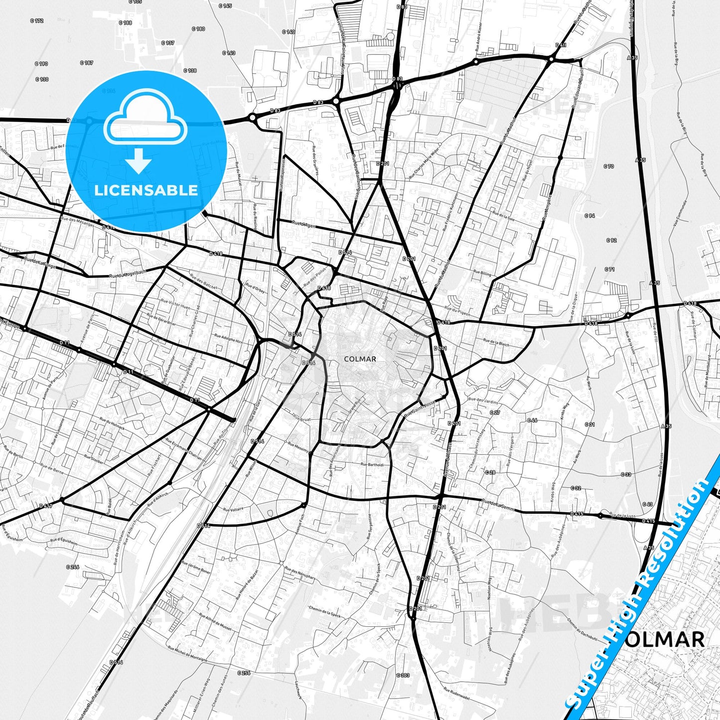 Colmar, France Light Map with Street Names, City Names, and Districts