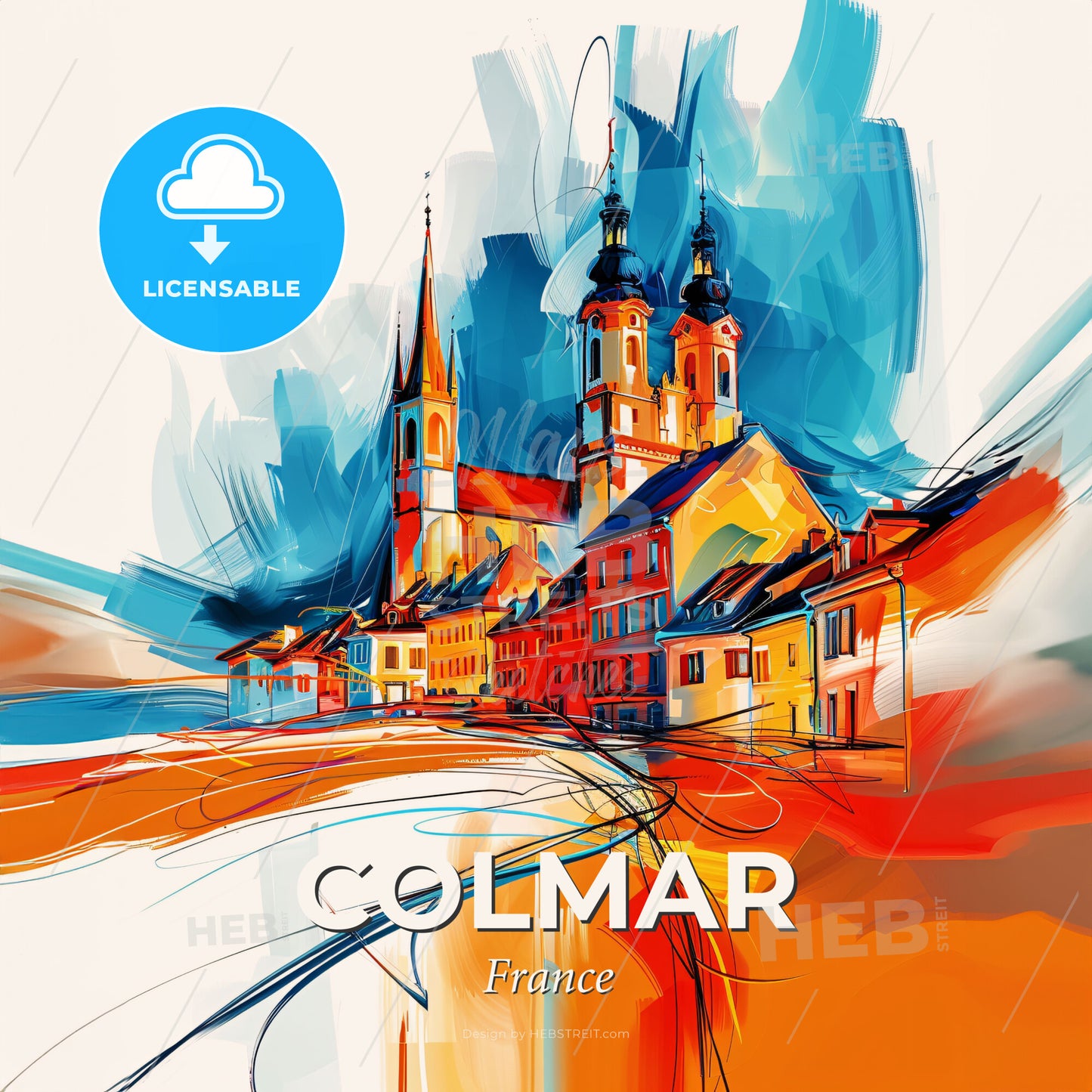Vibrant Colmar, France - A Painting Of A Building With Towers And A Church - Square format print template