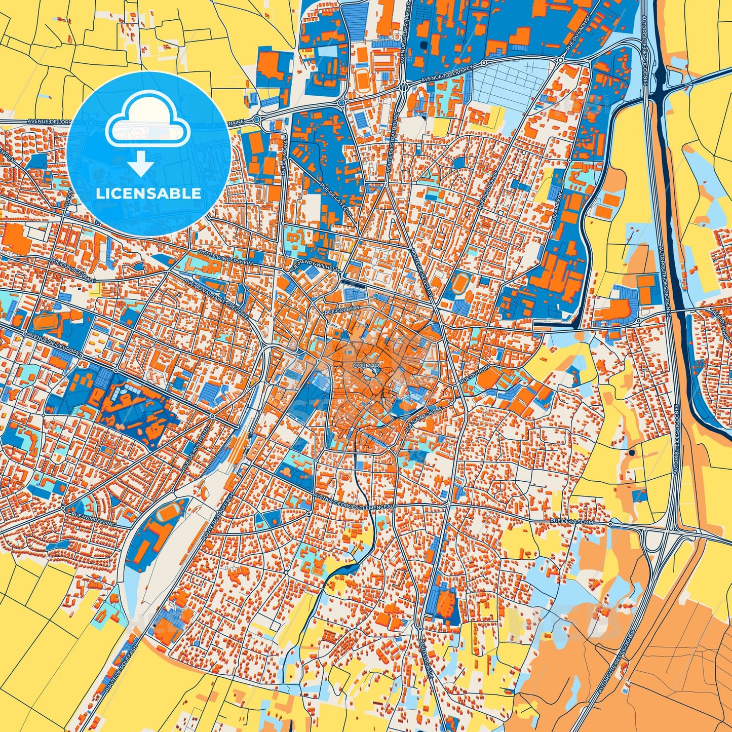 Colorful Colmar Street Map with Labels and Buildings
