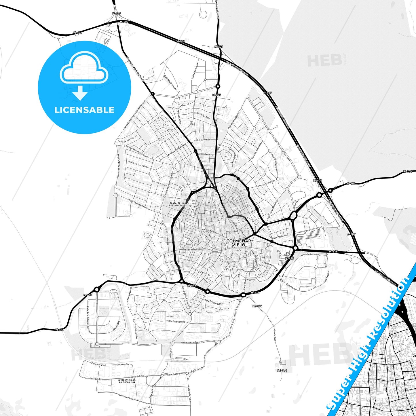 Colmenar Viejo, Spain Light Map with Street Names, City Names, and Districts