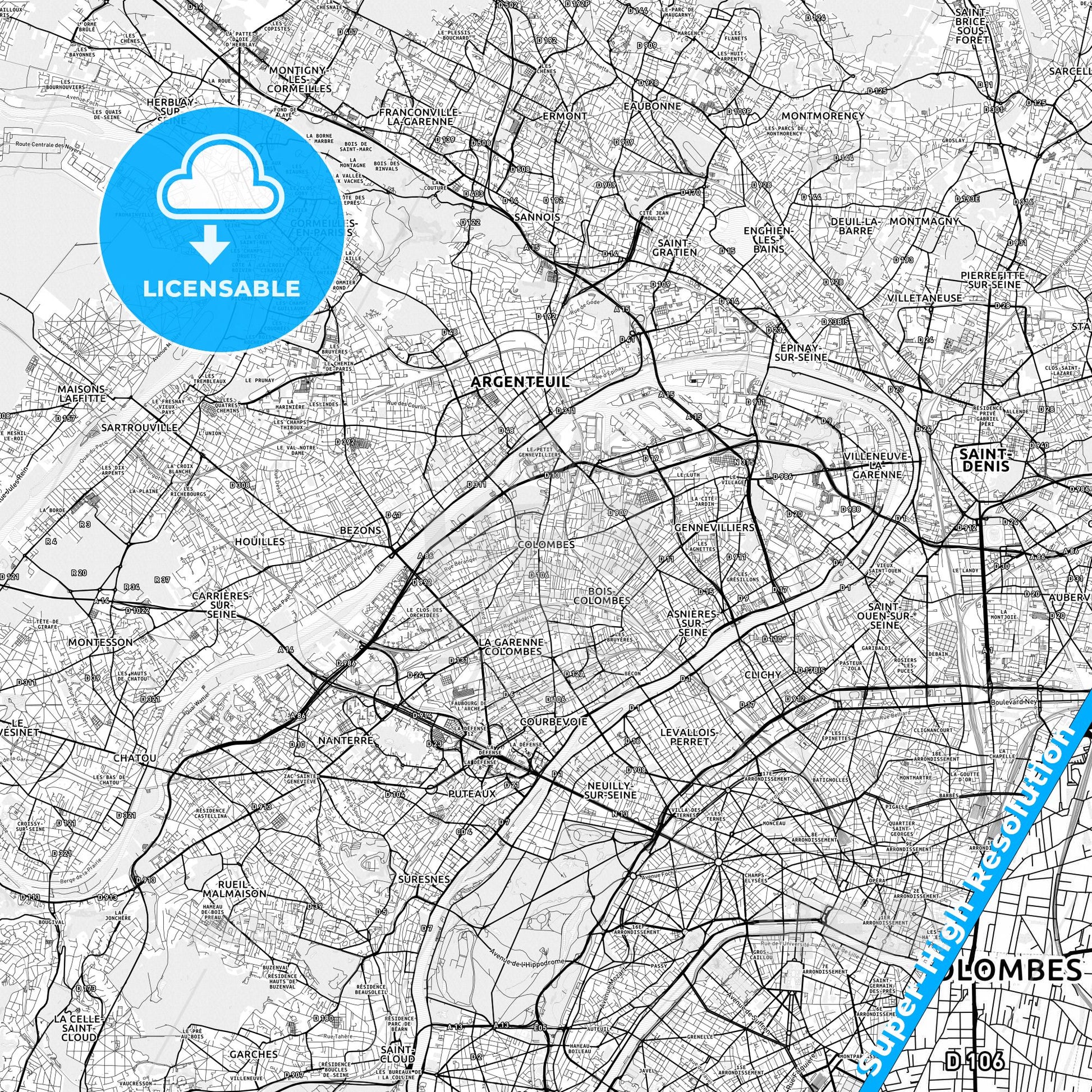 Colombes, France light map with streetnames, citynames and districts