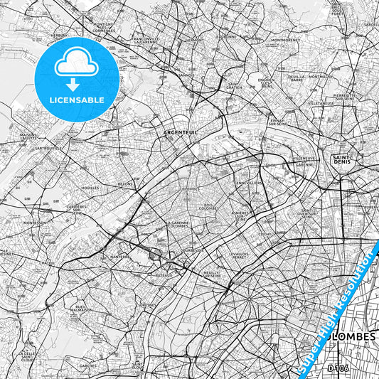 Colombes, France light map with streetnames, citynames and districts