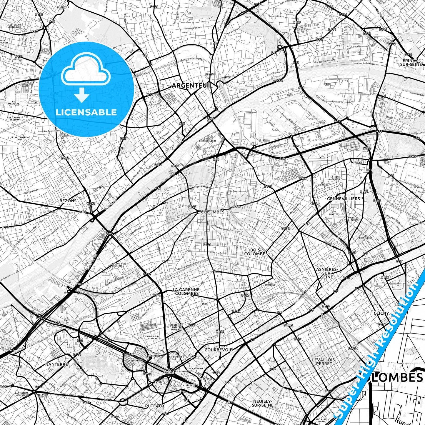 Colombes, France Light Map with Street Names, City Names, and Districts