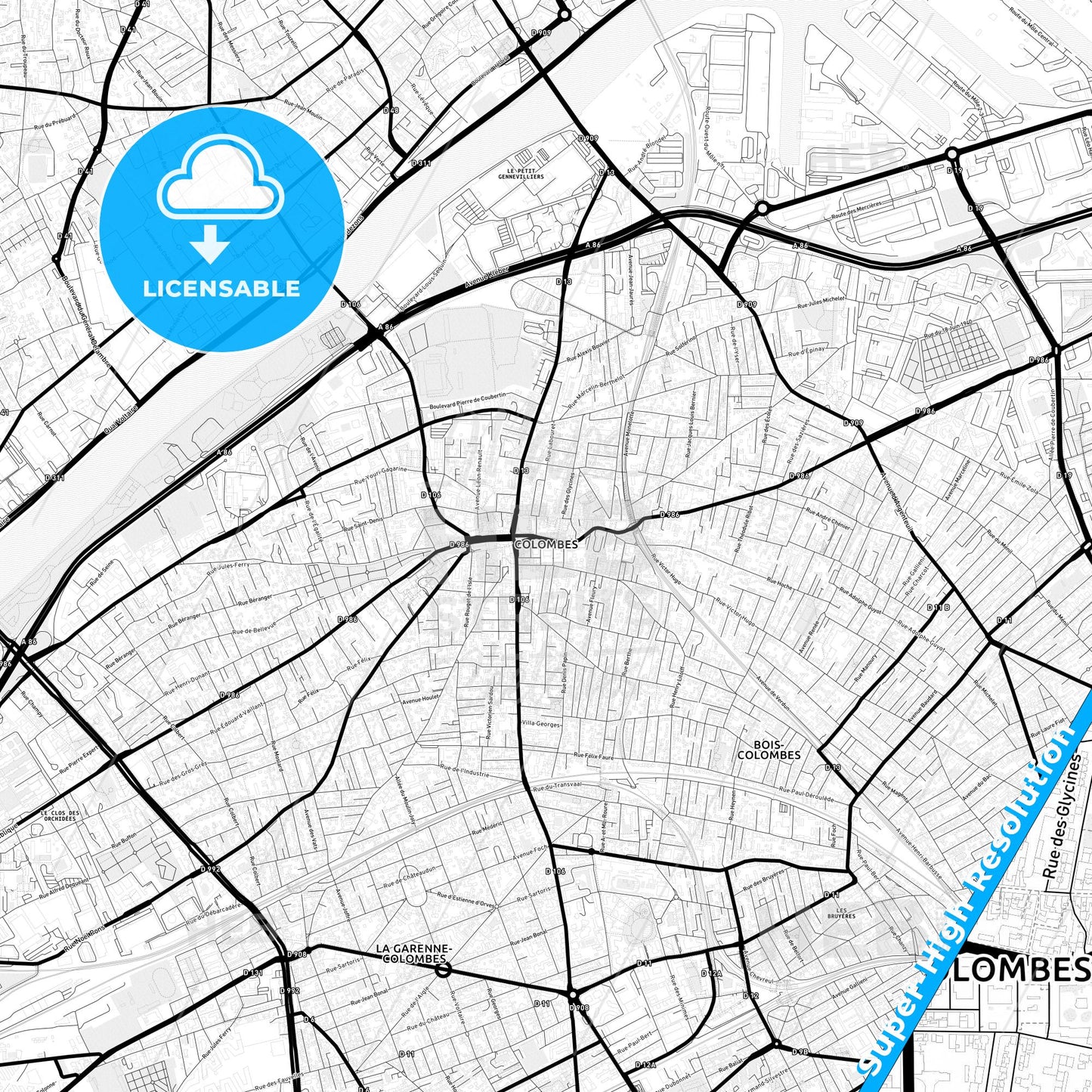 Colombes, France Light Map with Street Names, City Names, and Districts
