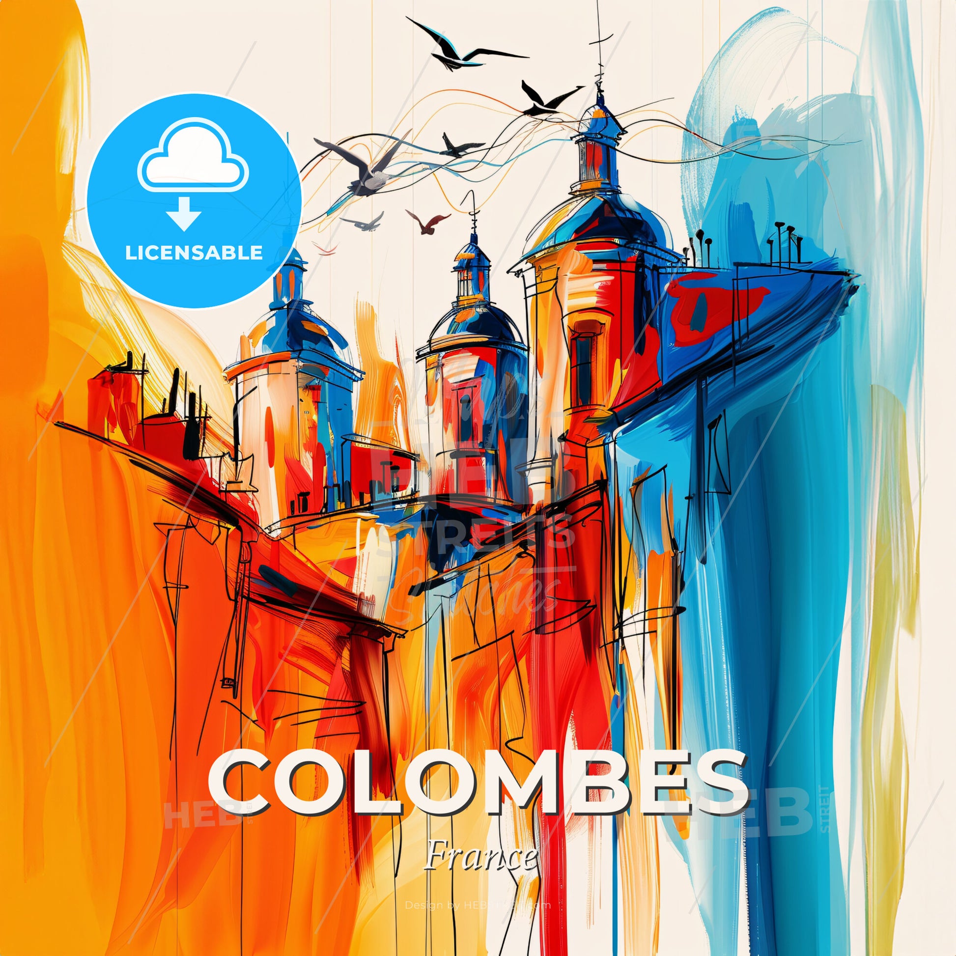 Vibrant Colombes, France - A Painting Of A Building With Birds Flying In The Sky - Square format print template