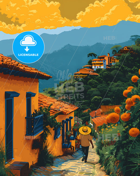 Colombia, South America - Person on path in vibrant orange cityscape with mountain backdrop, painting