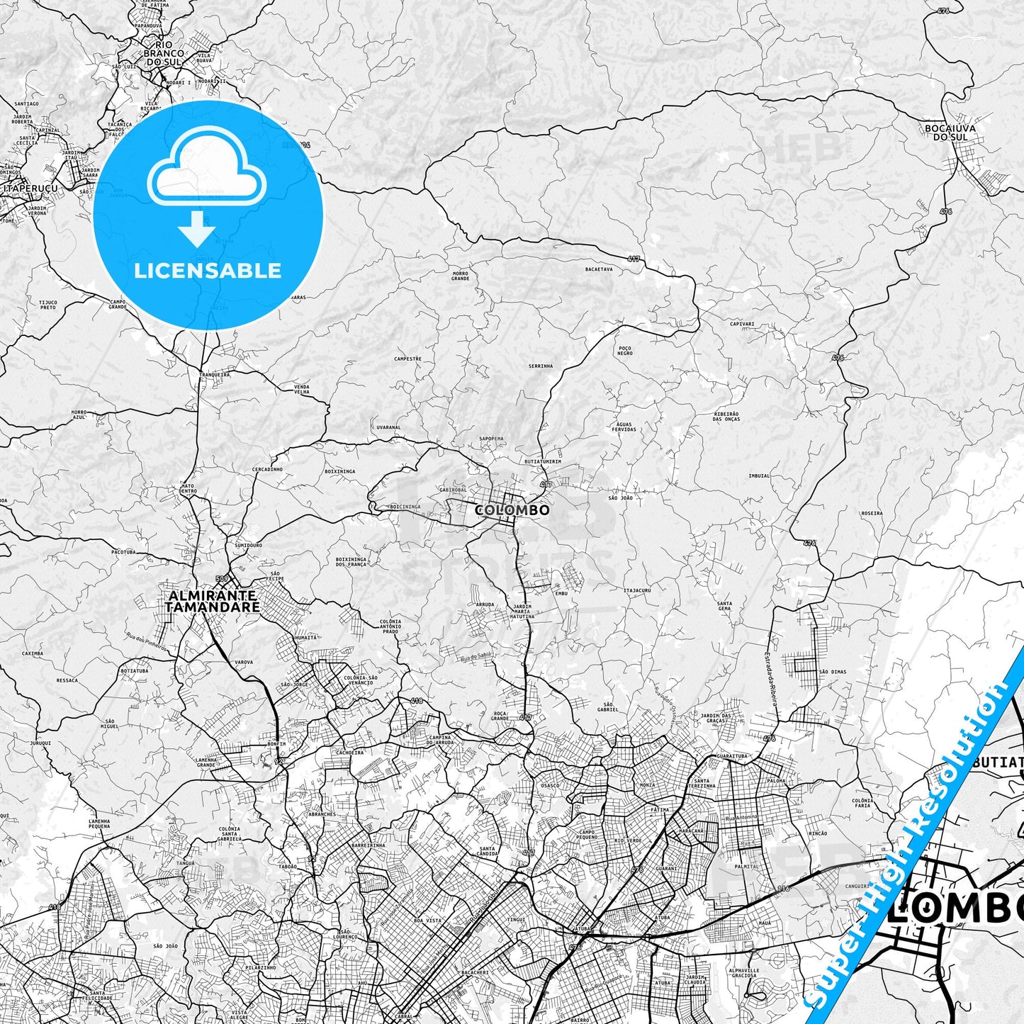 Colombo, Brazil light map with streetnames, citynames and districts