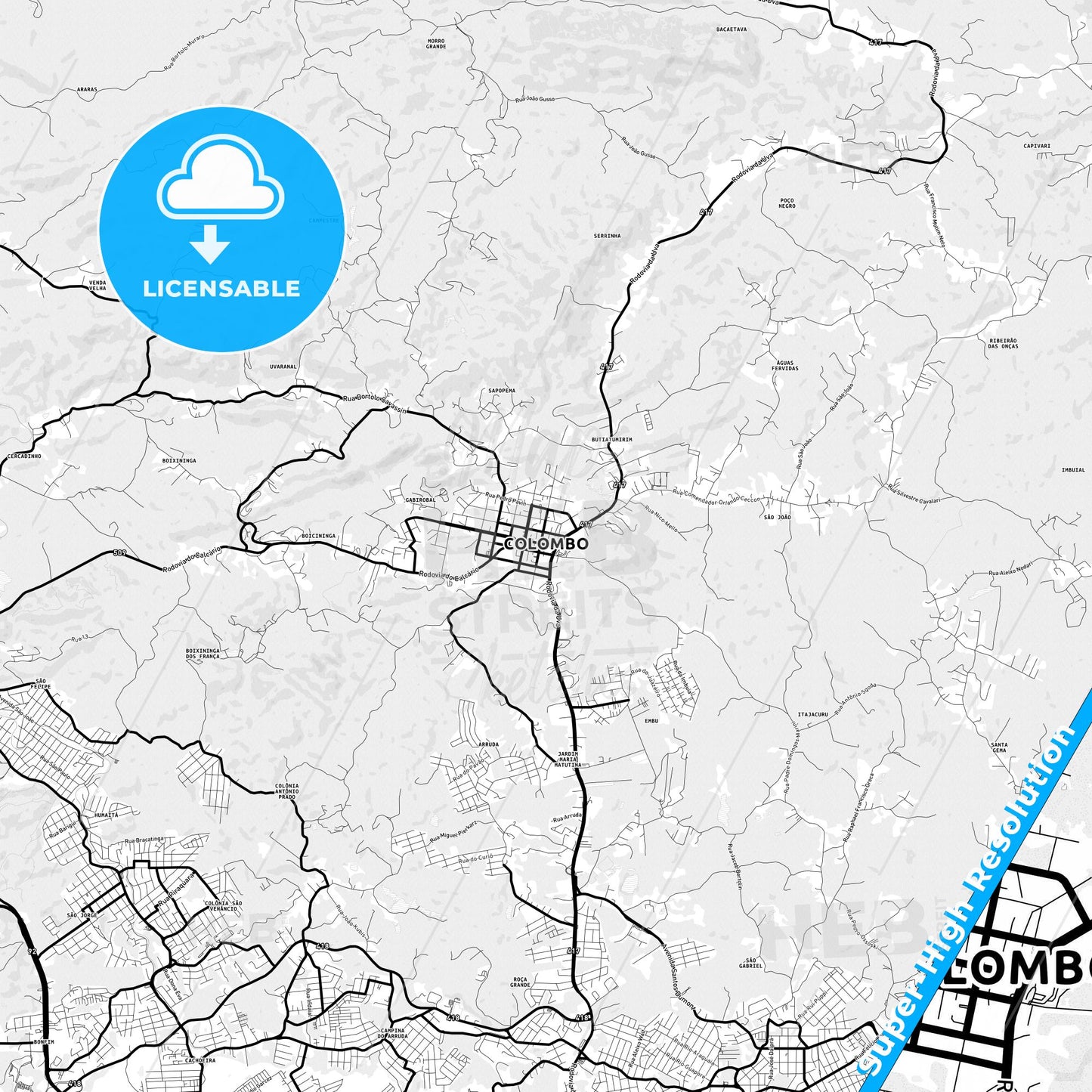 Colombo, Brazil Light Map with Street Names, City Names, and Districts