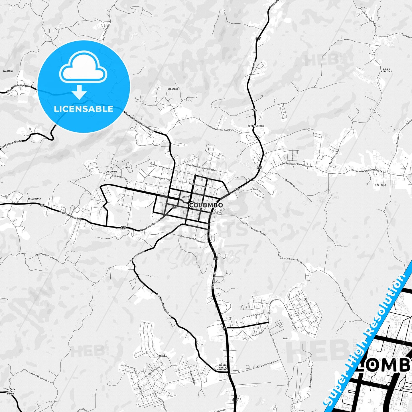 Colombo, Brazil Light Map with Street Names, City Names, and Districts