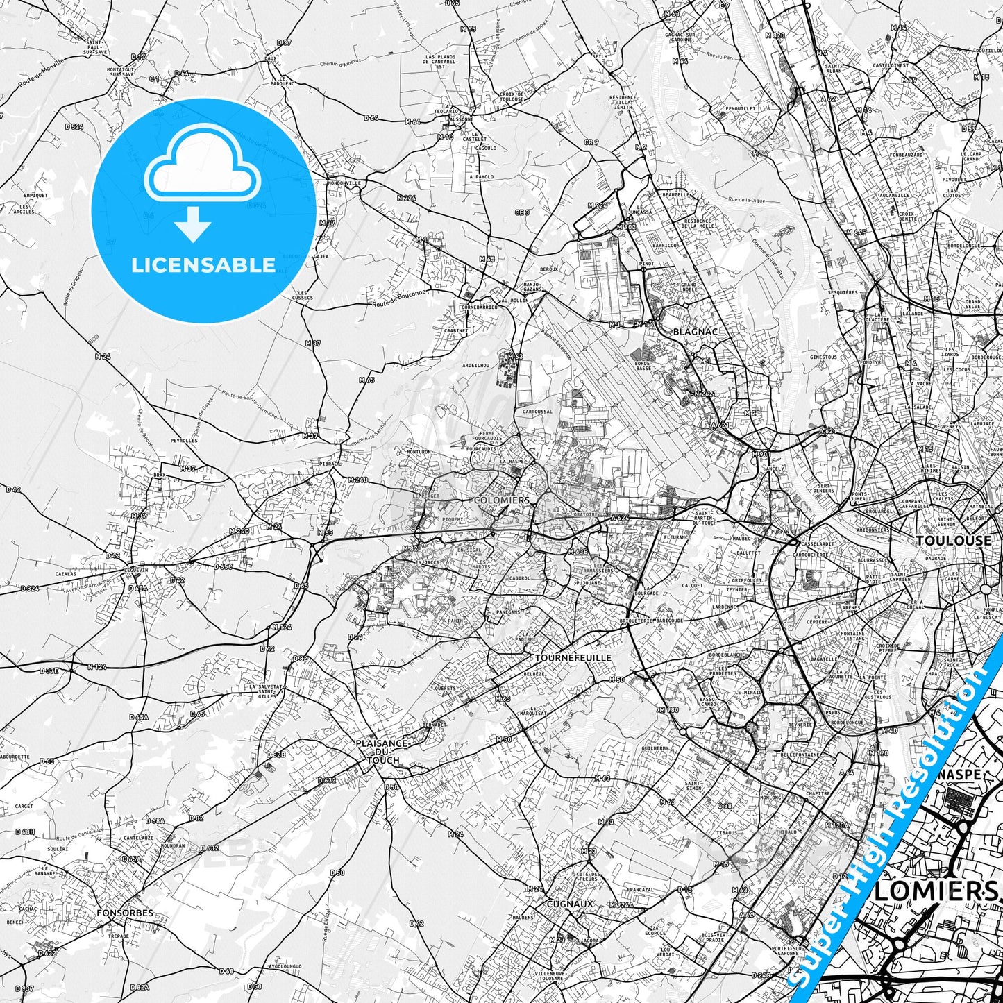 Colomiers, France light map with streetnames, citynames and districts