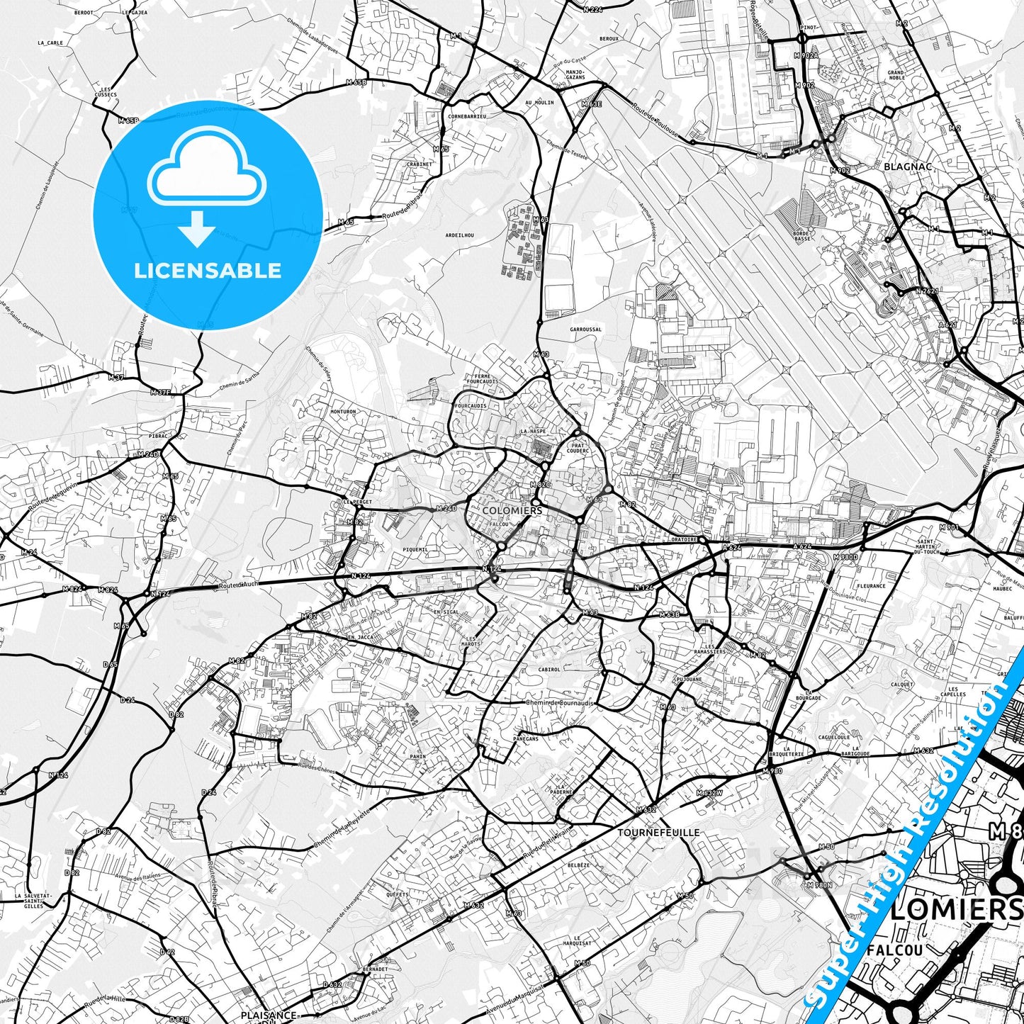 Colomiers, France Light Map with Street Names, City Names, and Districts