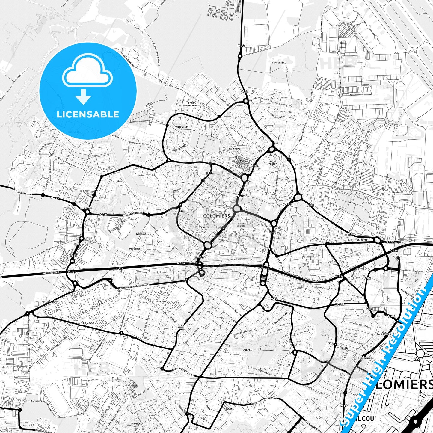 Colomiers, France Light Map with Street Names, City Names, and Districts