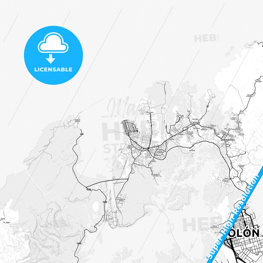 Colón, Panama light map with streetnames, citynames and districts