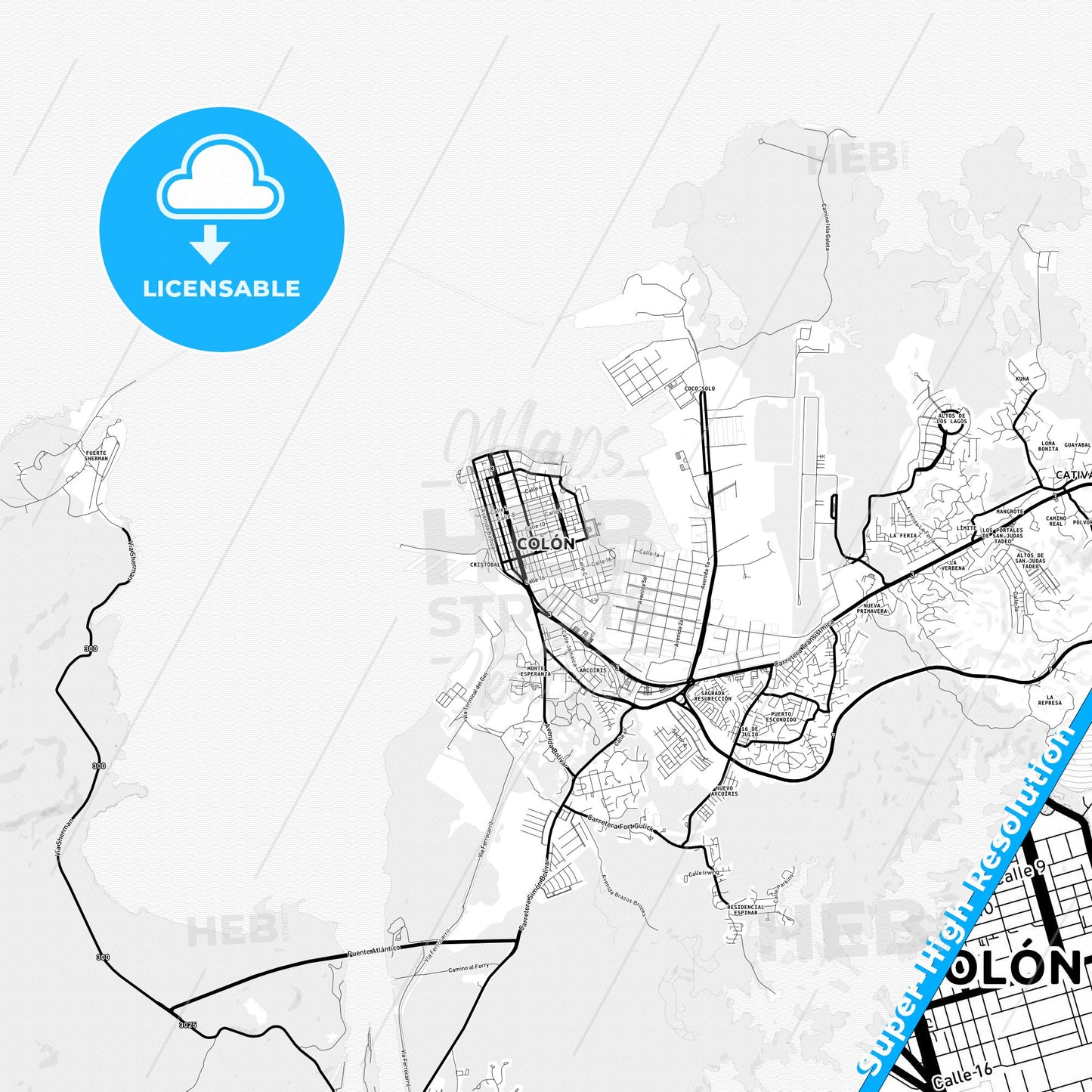 Colón, Panama Light Map with Street Names, City Names, and Districts