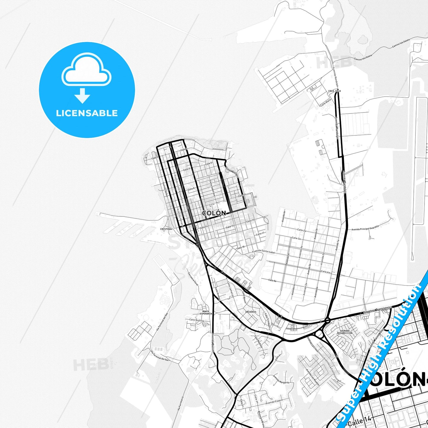 Colón, Panama Light Map with Street Names, City Names, and Districts