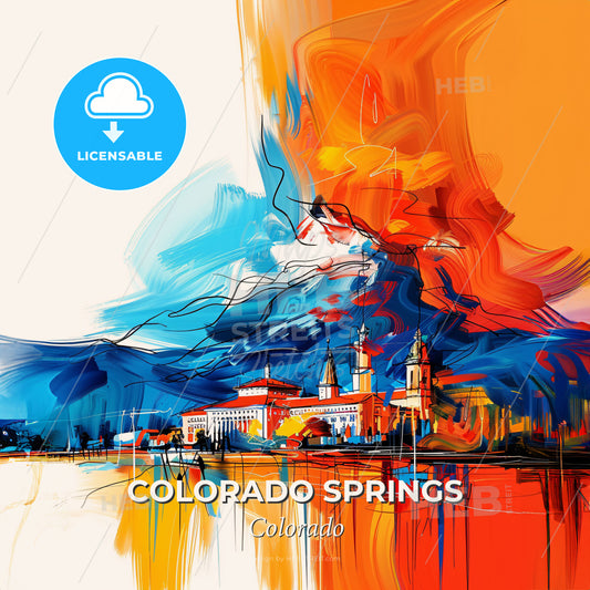 Vibrant Colorado Springs, Colorado - A Painting Of A Building And A Mountain - Square format print template