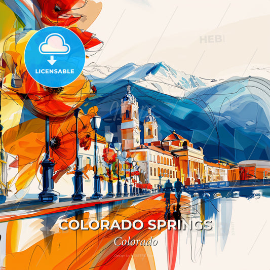 Vibrant Colorado Springs, Colorado - A Painting Of A City With A Mountain And A Lake - Square format print template