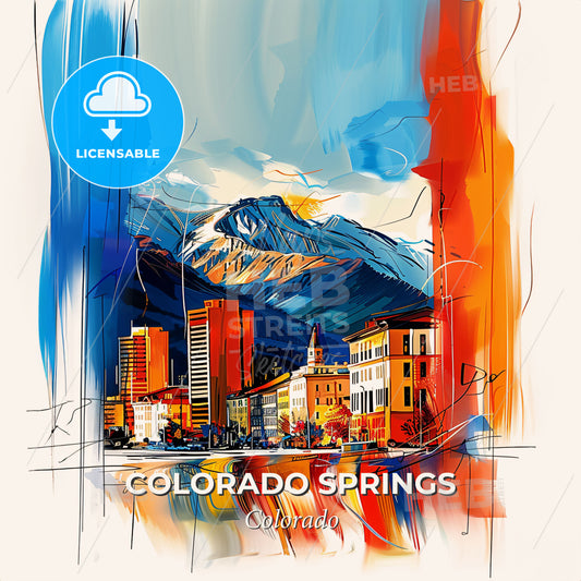 Vibrant Colorado Springs, Colorado - A Painting Of A City With Mountains In The Background - Square format print template