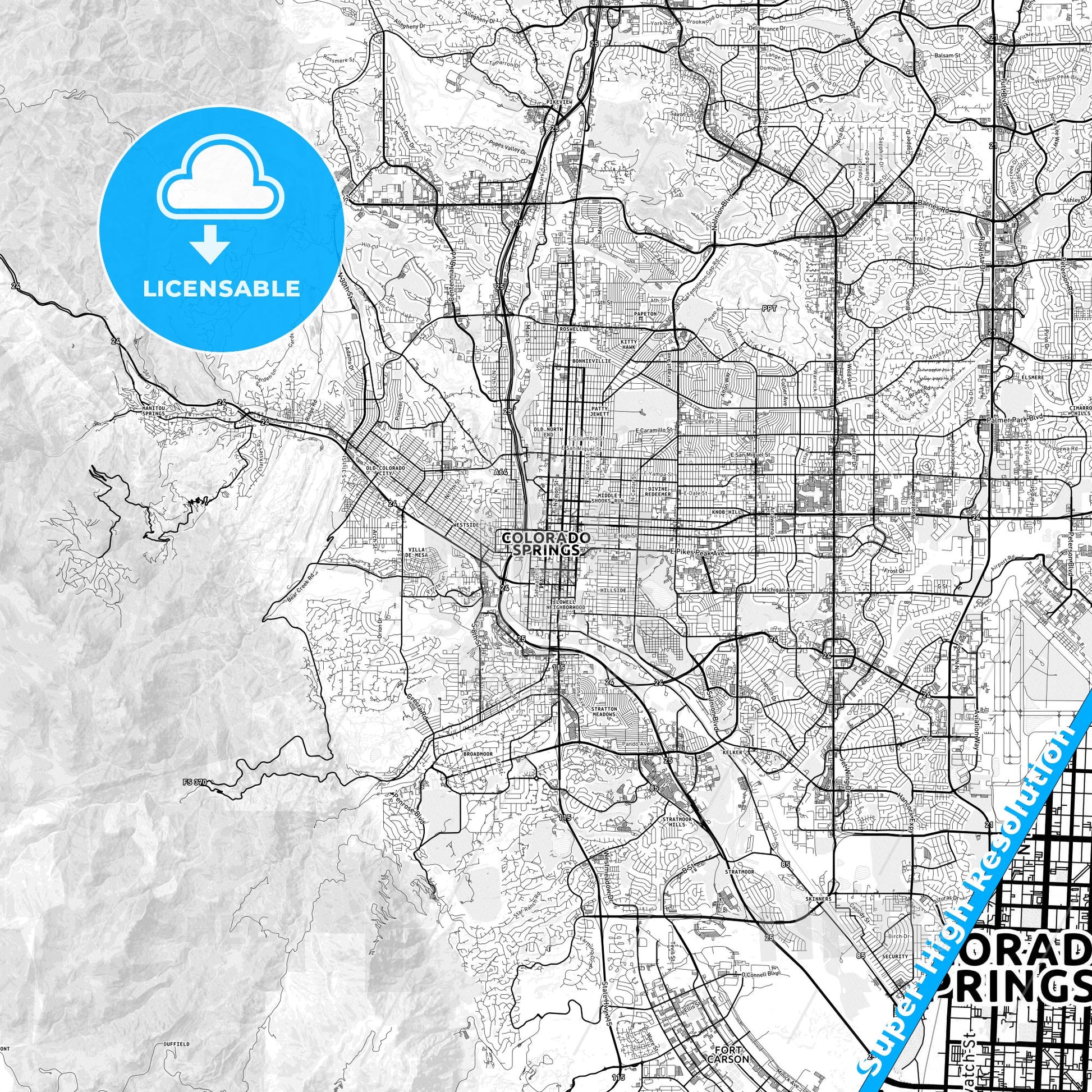 Colorado Springs, Colorado light map with streetnames, citynames and districts