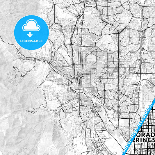 Colorado Springs, Colorado light map with streetnames, citynames and districts