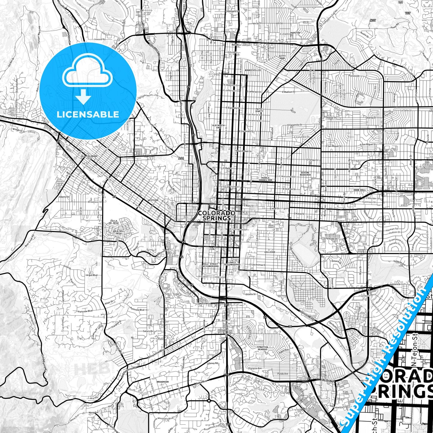 Colorado Springs, Colorado Light Map with Street Names, City Names, and Districts