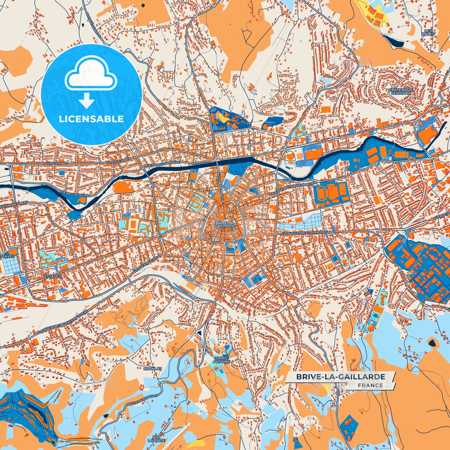 Canvas Print Template of Brive-la-Gaillarde Street Map