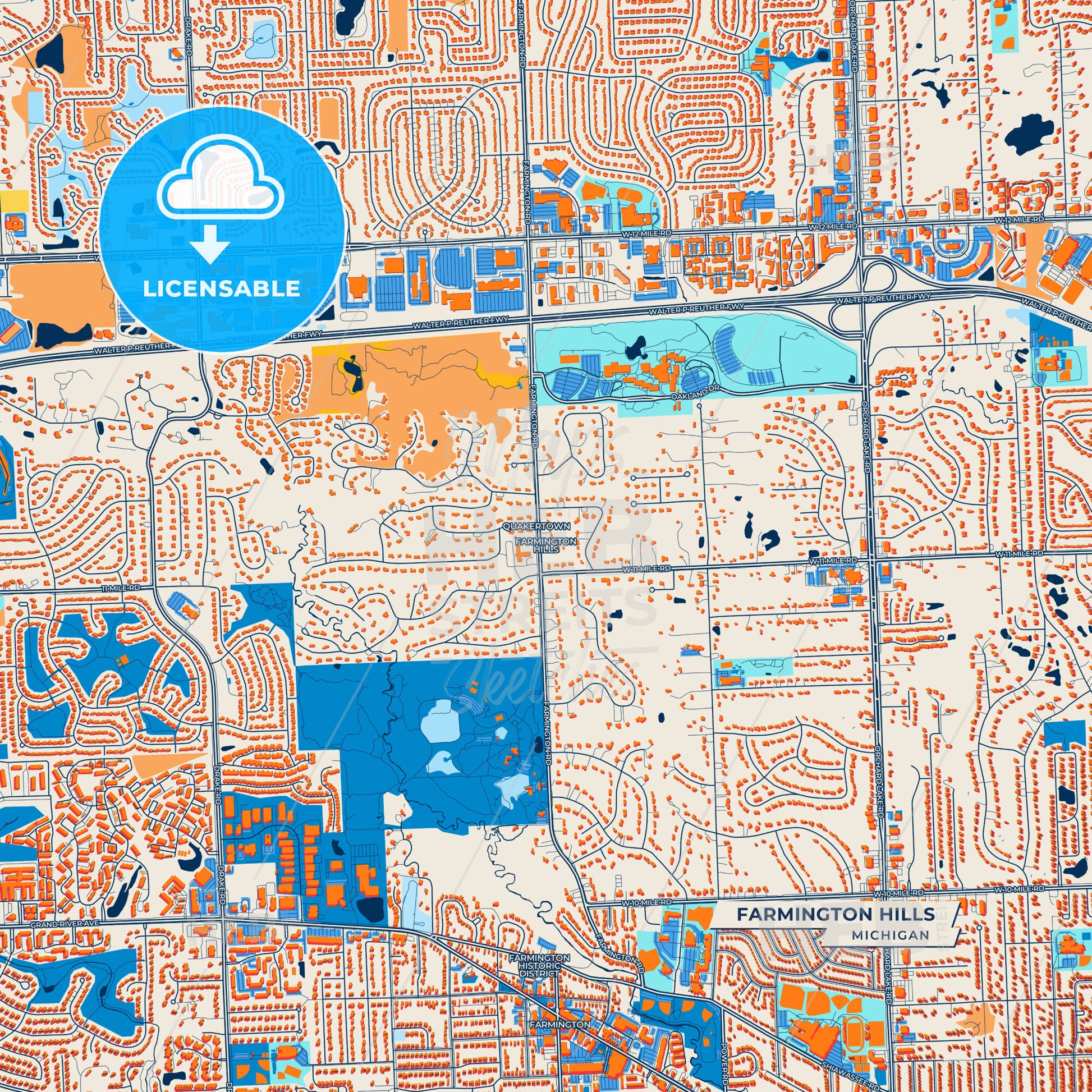 Canvas Print Template of Farmington Hills Street Map