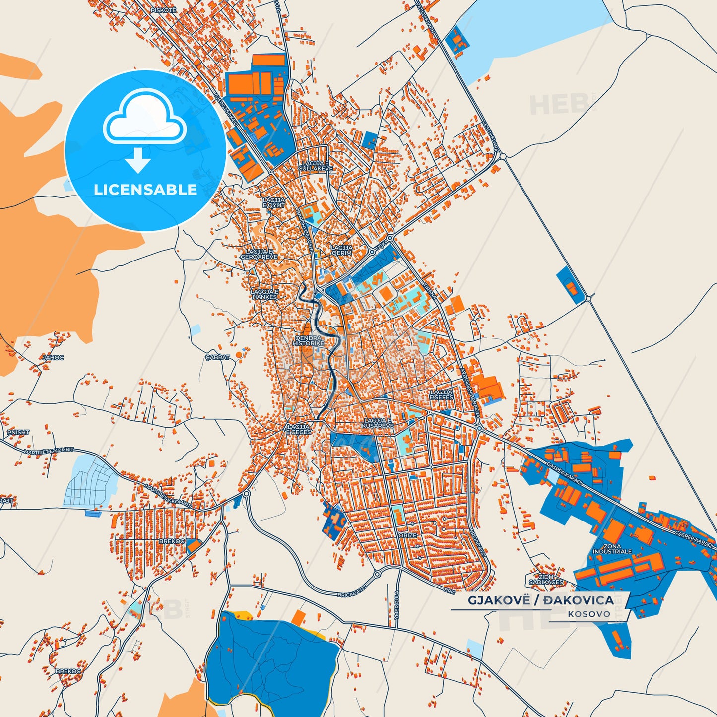 Canvas Print Template of Gjakovë / Đakovica Street Map