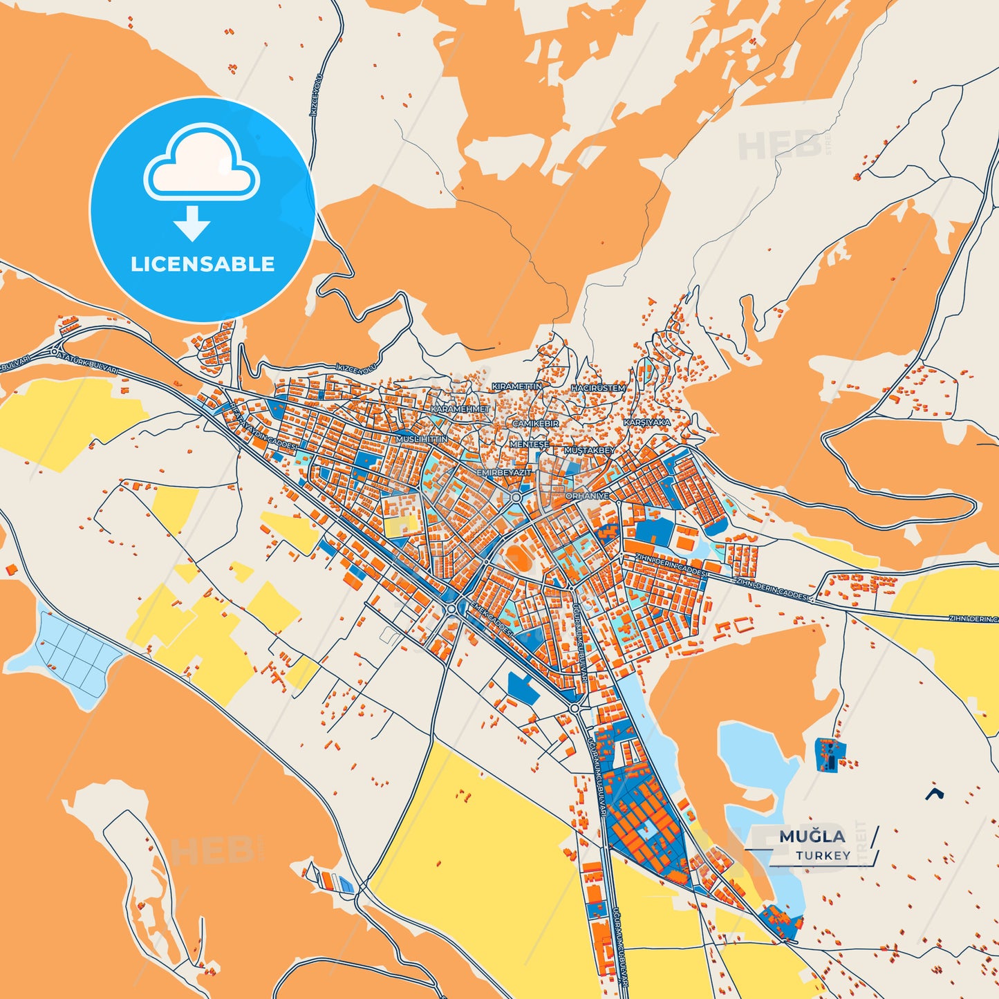 Canvas Print Template of Muğla Street Map