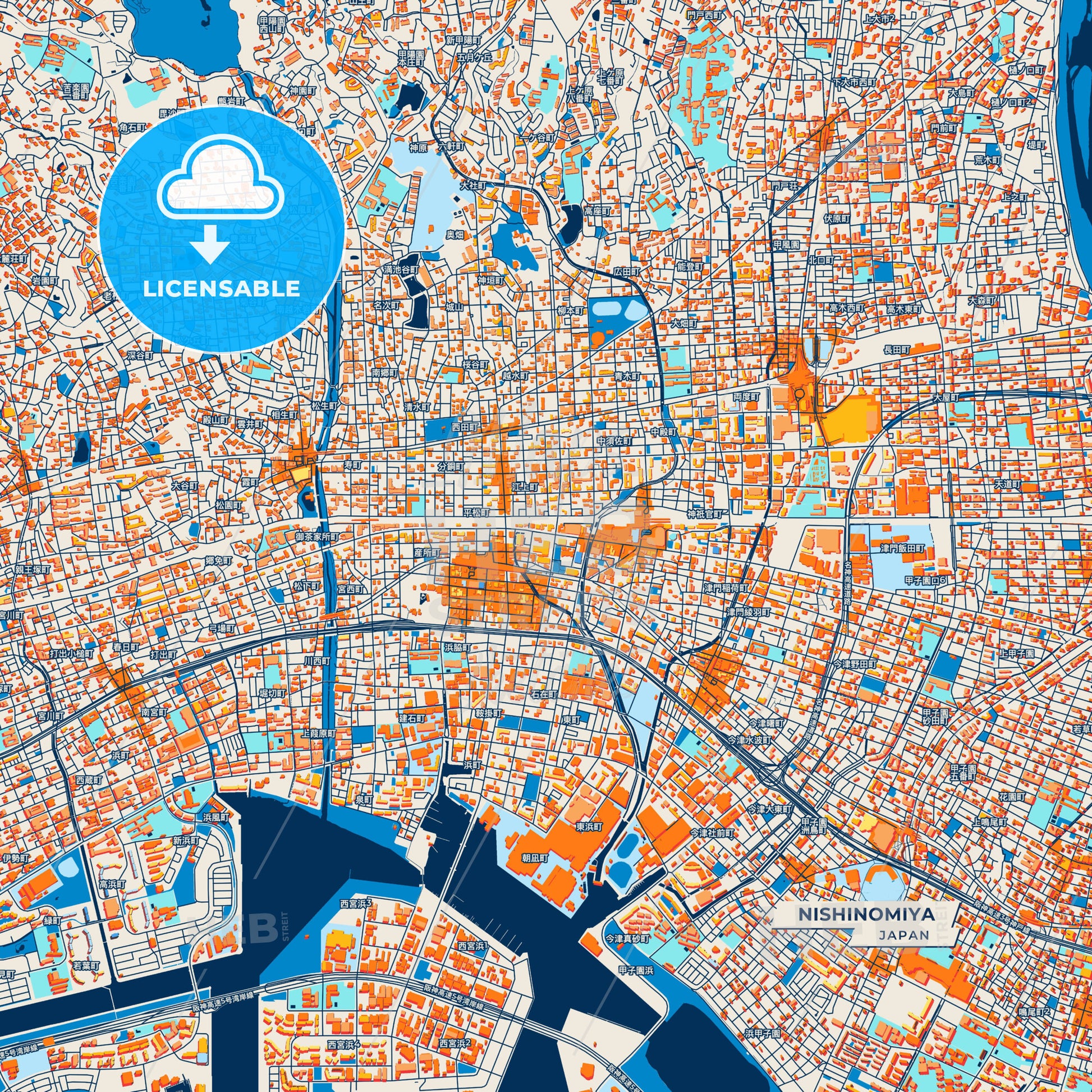 Canvas Print Template of Nishinomiya Street Map