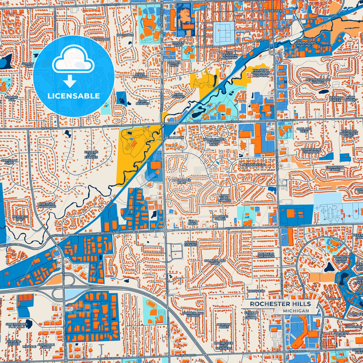 Canvas Print Template of Rochester Hills Street Map