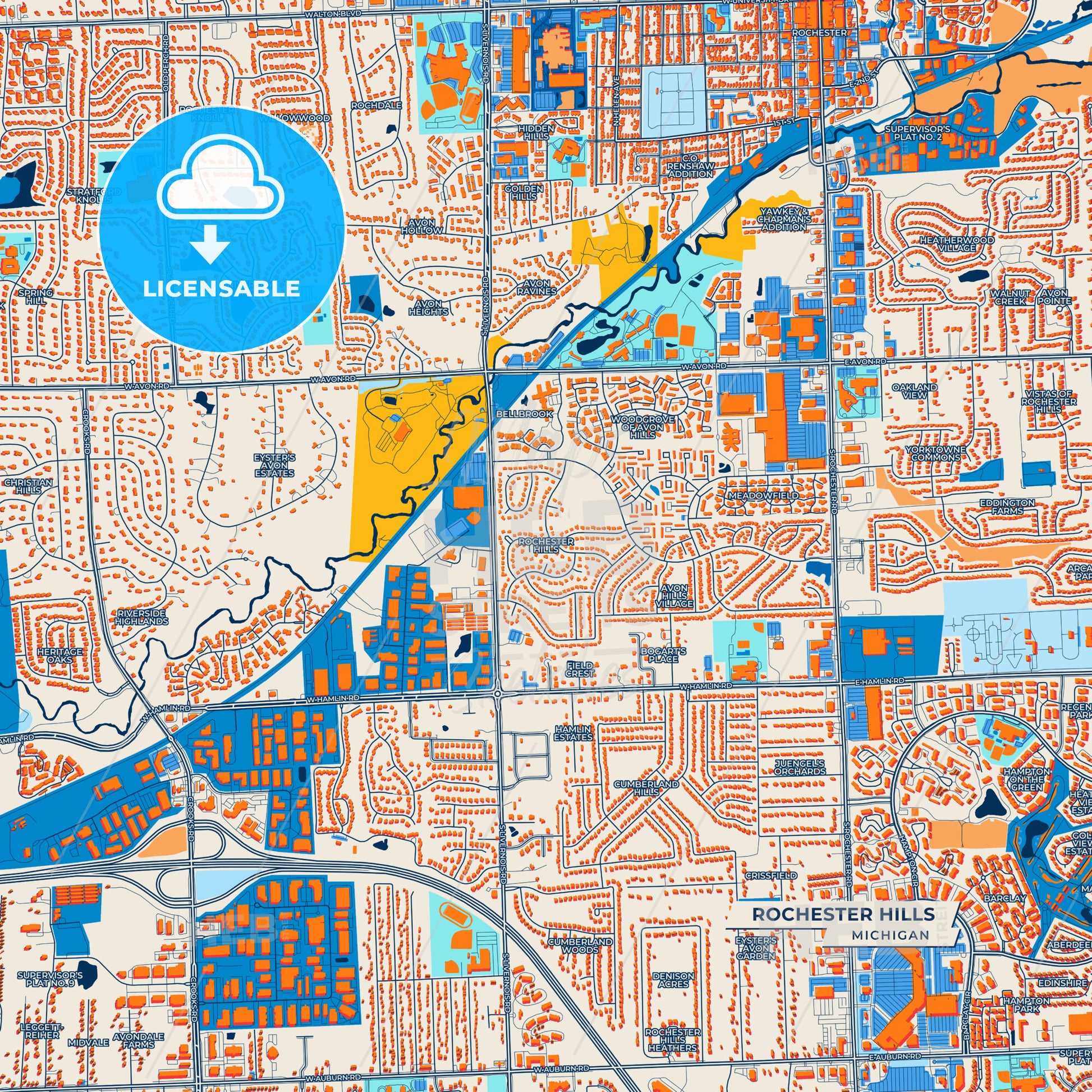 Canvas Print Template of Rochester Hills Street Map