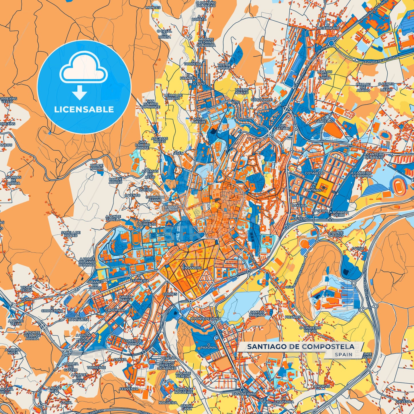 Canvas Print Template of Santiago de Compostela Street Map