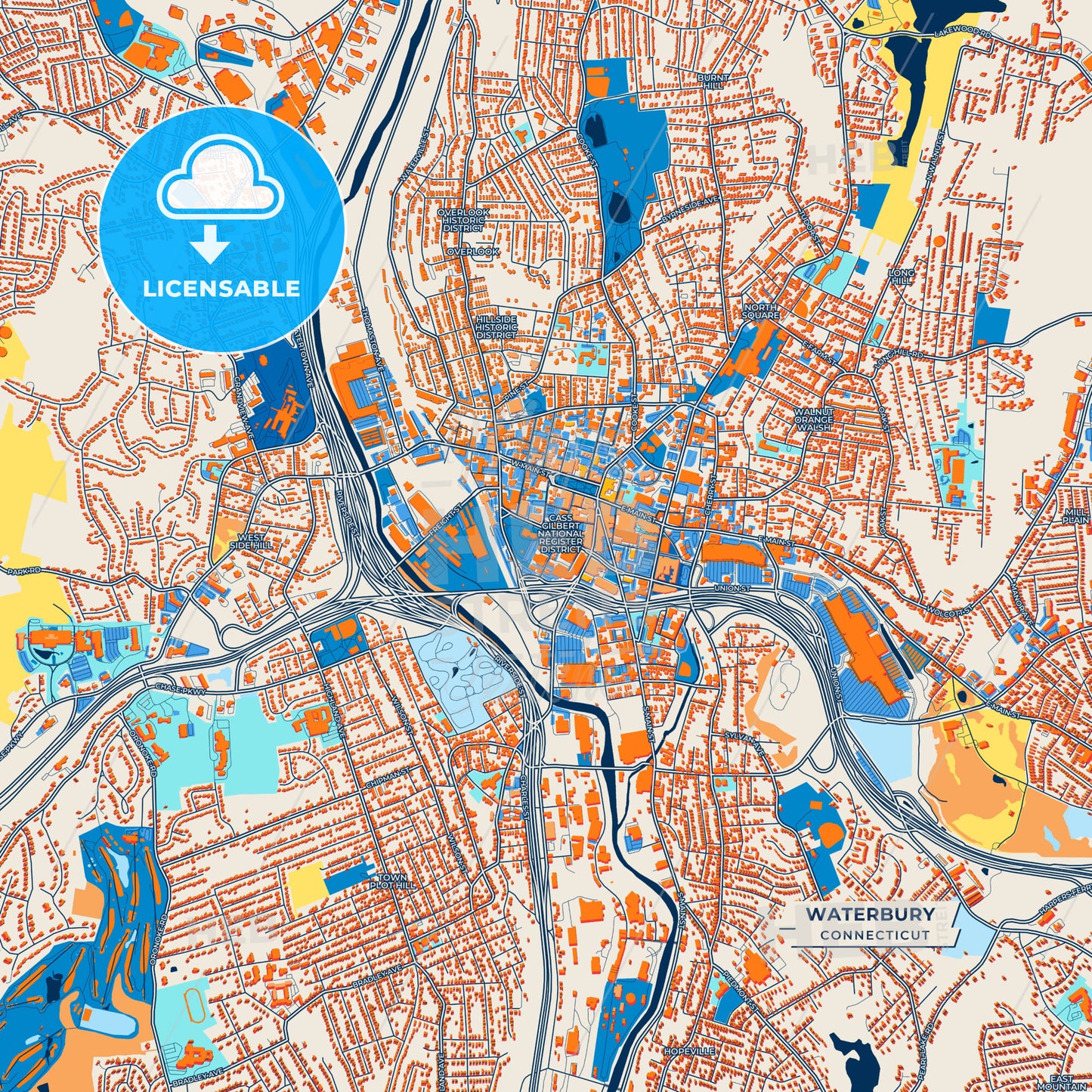 Canvas Print Template of Waterbury Street Map