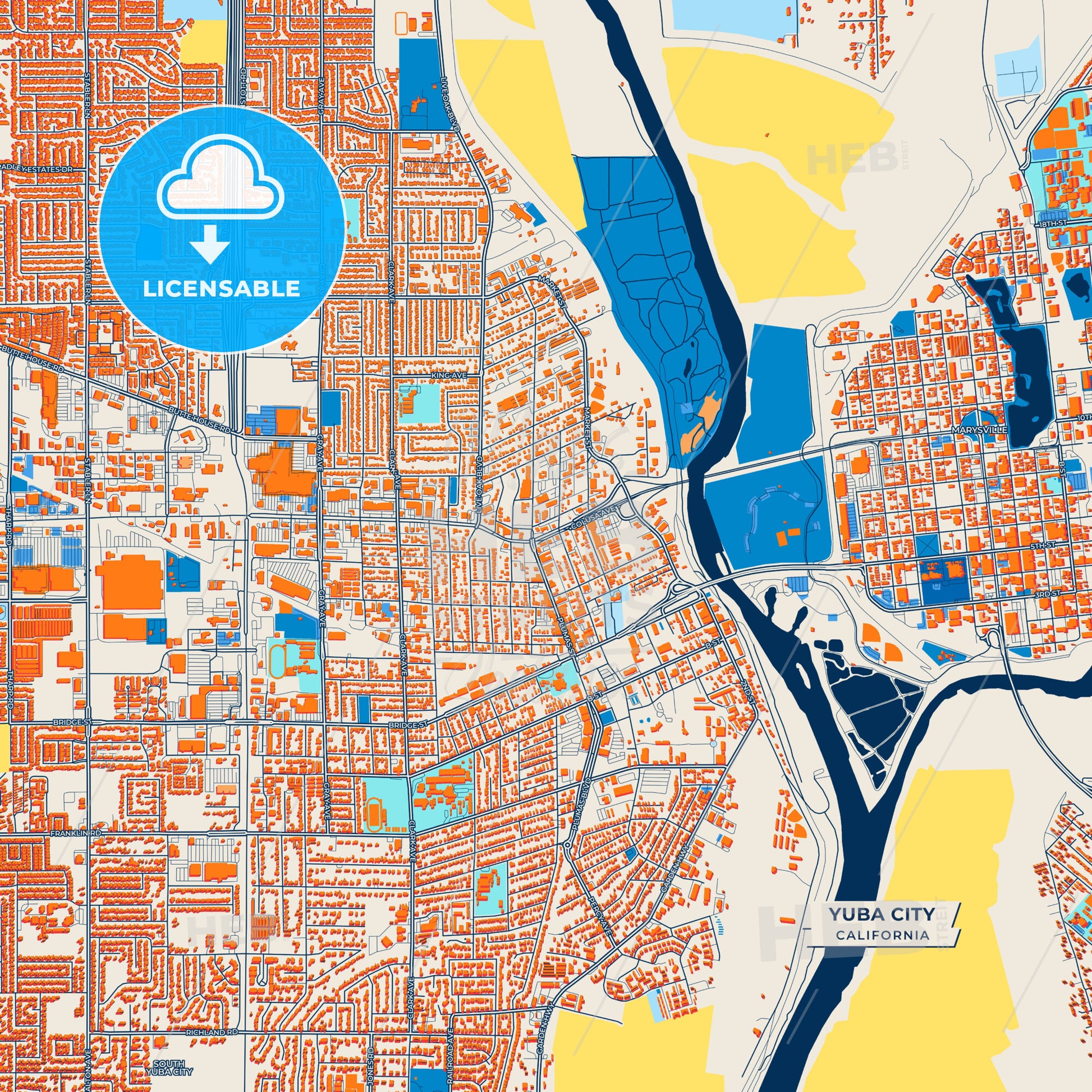 Canvas Print Template of Yuba City Street Map